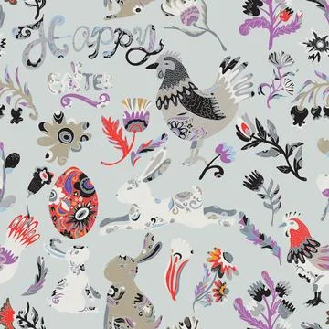 Easter seamless pattern with colorful roosters, hares, flowers and decorative Stockillustratie