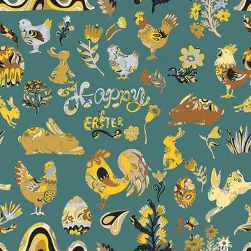 Easter seamless pattern with colorful roosters, hares, flowers and decorative Stock Illustration
