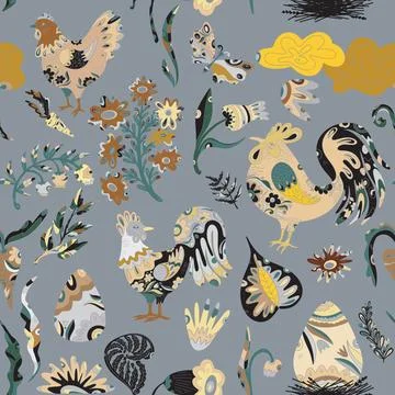Easter seamless pattern with colorful roosters, hares, flowers and decorative 스톡 일러스트