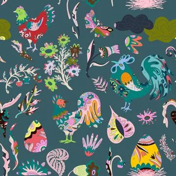 Easter seamless pattern with colorful roosters, hares, flowers and decorative Stock Illustration