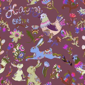 Easter seamless pattern with colorful roosters, hares, flowers and decorative Stockillustratie