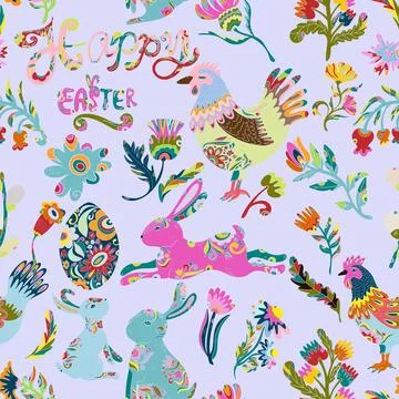 Easter seamless pattern with colorful roosters, hares, flowers and decorative Illustrazione stock