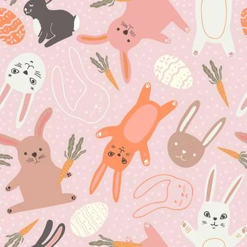 Easter seamless pattern with cute Bunnies and eggs. Flat scandinavian illustr 스톡 일러스트