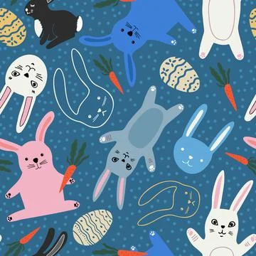 Easter seamless pattern with cute Bunnies and eggs. Flat scandinavian illustr Stock Illustration