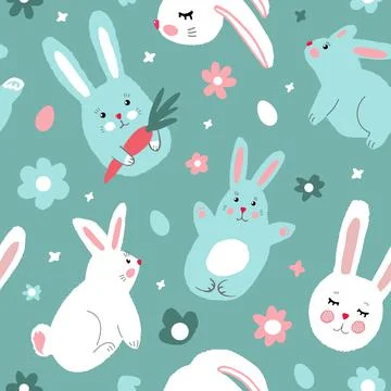 Easter seamless pattern with cute bunnies, flowers and eggs. Modern simple fl Stock Illustration