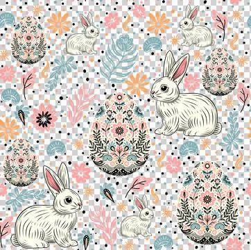 Easter seamless pattern with cute bunnies, eggs and flowers. Stock Illustration