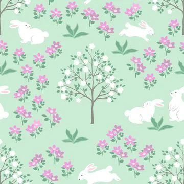 Easter seamless pattern with cute bunnies and beautiful floral on spring gard Stock Illustration