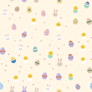 Easter seamless pattern with cute bunnies, chicks in eggshells, painted eggs, Stock Illustration