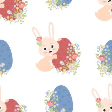 Easter seamless pattern. Cute Bunny with Easter egg and flowers on white ba.. Illustrazione stock