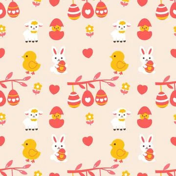 Easter seamless pattern with cute bunny, chicken, eggs, flowers. Stock Illustration