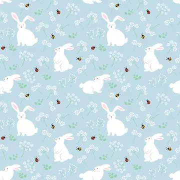 Easter seamless pattern with cute bunny,flowers and ladybug on springtime Stock Illustration