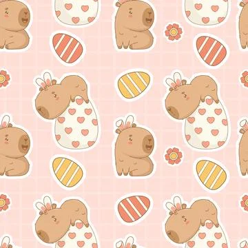 Easter Seamless pattern. Cute Capybara with Bunny Ears with paschal Eggs on.. Illustrazione stock