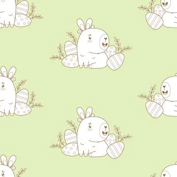 Easter Seamless pattern. Cute Capybara with paschal Eggs on green background イラスト素材