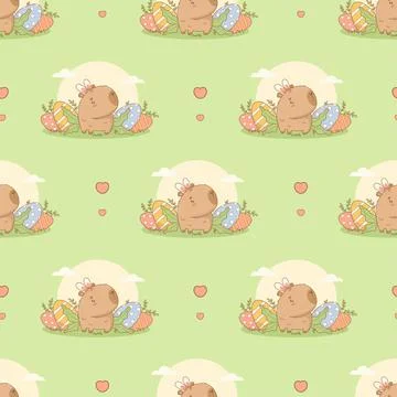 Easter Seamless pattern. Cute Capybara with paschal Eggs on green background イラスト素材