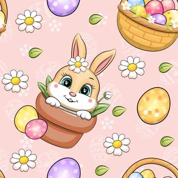Easter seamless pattern with cute cartoon bunny and basket full of Easter eggs. Illustrazione stock