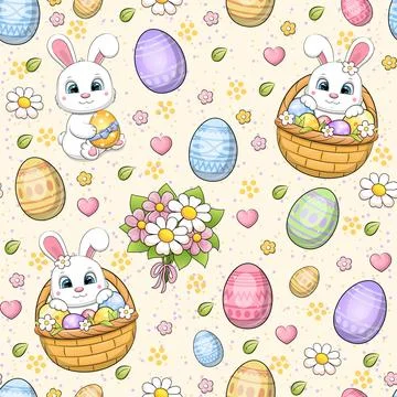 Easter seamless pattern with cute cartoon white rabbit, basket and  eggs. Stock Illustration