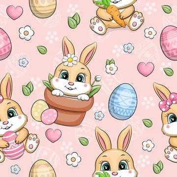 Easter seamless pattern with cute cartoon bunnies and Easter eggs. Illustrazione stock