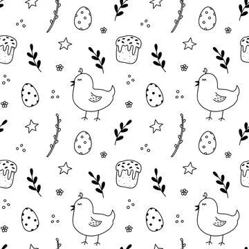 Easter seamless pattern with cute chicks, Easter eggs and Easter cakes Illustrazione stock