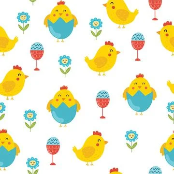 Easter seamless pattern with cute chicks. Spring chick in eggshell background Stock Illustration