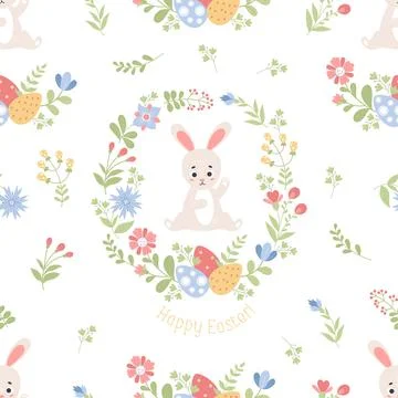 Easter seamless pattern. Cute Easter Bunny with flowers and eggs on white b.. Stock Illustration