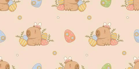 Easter Seamless pattern. Cute funny paschal Capybara with decorative Eggs on Stock Illustration