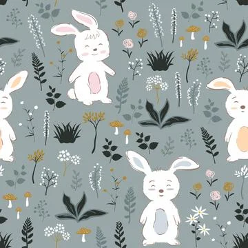 Easter seamless pattern with cute hand drawn rabbits and floral on spring g.. Stock Illustration