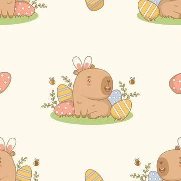 Easter Seamless pattern. Cute happy Capybara Bunny with decorative Eggs on .. 스톡 일러스트
