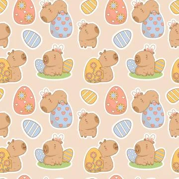 Easter Seamless pattern. Cute paschal Capybara sticker with decorative Eggs.. 스톡 일러스트