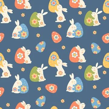 Easter Seamless pattern. Cute paschal bunny with decorative Egg and flowers.. Stock Illustration
