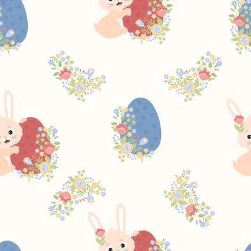 Easter seamless pattern with cute rabbit and Easter egg with flowers. Vecto.. Stock Illustration