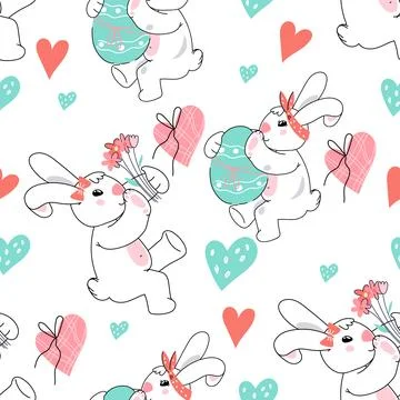 Easter Seamless pattern with cute rabbit, eggs and pink hearts. Decorative .. 스톡 일러스트