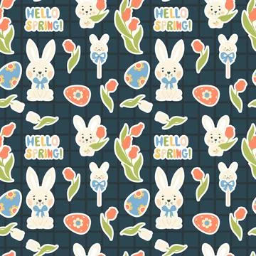 Easter Seamless pattern. Cute rabbit with flowers tulips and decorative pas.. Stock Illustration