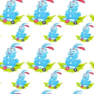 Easter Seamless Pattern With Cute Rabbits In Grass Witn Eggs On White Background 스톡 일러스트