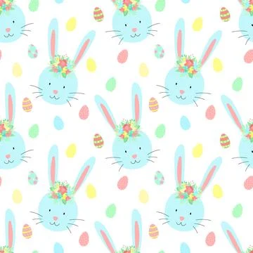 Easter seamless pattern with cute rabbits, eggs and flowers on a transparent  Stock Illustration