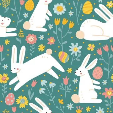 Easter seamless pattern with cute white bunnies, eggs and flowers. Cute spring Stock Illustration
