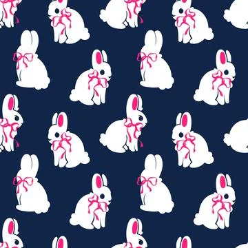 Easter seamless pattern with cute white rabbits in pink bows. Repeating print Stock Illustration