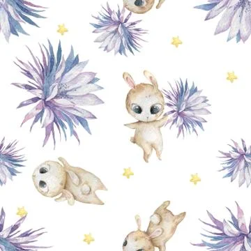 Easter seamless pattern design with bunnies Cute watercolor colorful illustra Stock Illustration