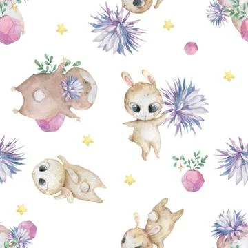Easter seamless pattern design with bunnies Cute watercolor colorful illustra Stock Photos