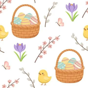 Easter seamless pattern with Easter basket and chick Illustrazione stock