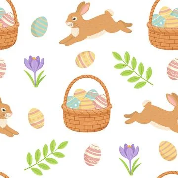 Easter seamless pattern with Easter basket and rabbit Stock Illustration
