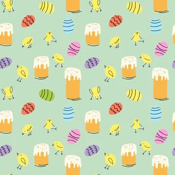 Easter seamless pattern with Easter cake, eggs and baby chicken Stock Illustration