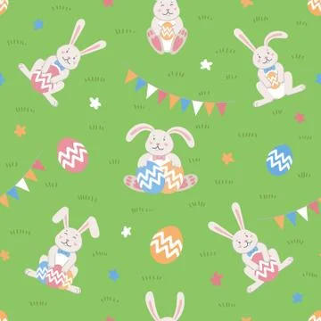 Easter seamless pattern. Easter cartoon bunnies and eggs on green background. Stock Illustration