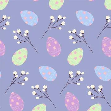 Easter seamless pattern with Easter eggs and twigs in trendy shades. Happy Illustrazione stock