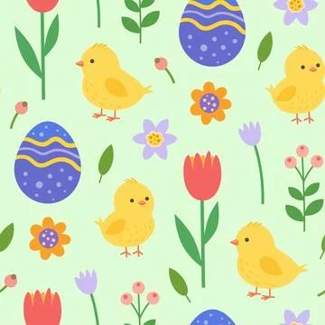 Easter seamless pattern with Easter eggs, chicken and abstract flowers. 库存插图