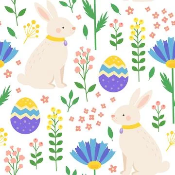 Easter seamless pattern with Easter eggs, bunny and abstract flowers. Illustrazione stock