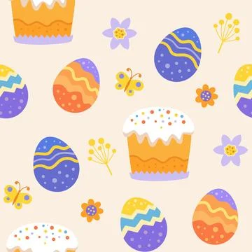 Easter seamless pattern with Easter eggs and traditional Easter cake. 库存插图