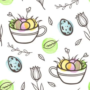 Easter seamless pattern with eggs and florals Stock Illustration