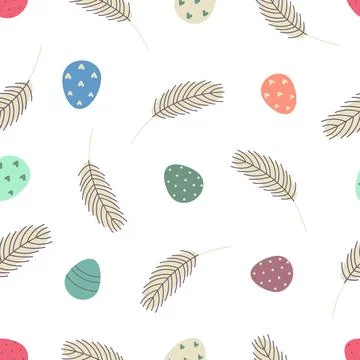 Easter seamless pattern with eggs and feathers 스톡 일러스트