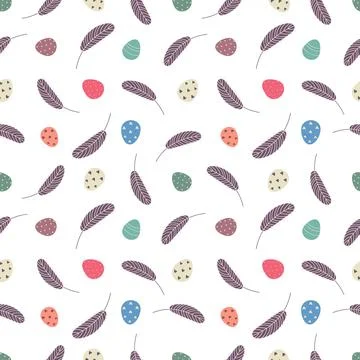 Easter seamless pattern with eggs and feathers 스톡 일러스트