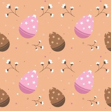 Easter seamless pattern with eggs and flowers on a beige background. 스톡 일러스트